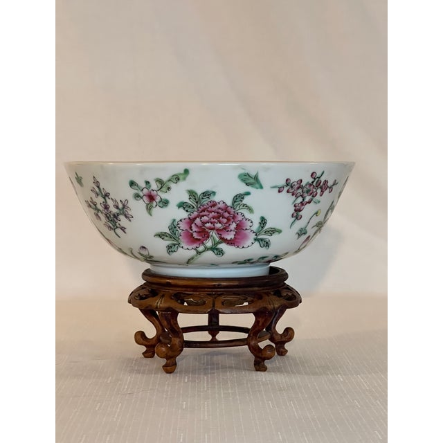 Late 20th Century Vintage Famille Rose Chinese Porcelain Bowl With Peonies and Butterflies on Hand-Carved Stand For Sale - Image 12 of 13