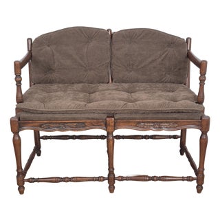 Mid 20th Century French Country Petite Walnut Ladder Back Settee Bench W/ Brown Faux Suede Cushions For Sale