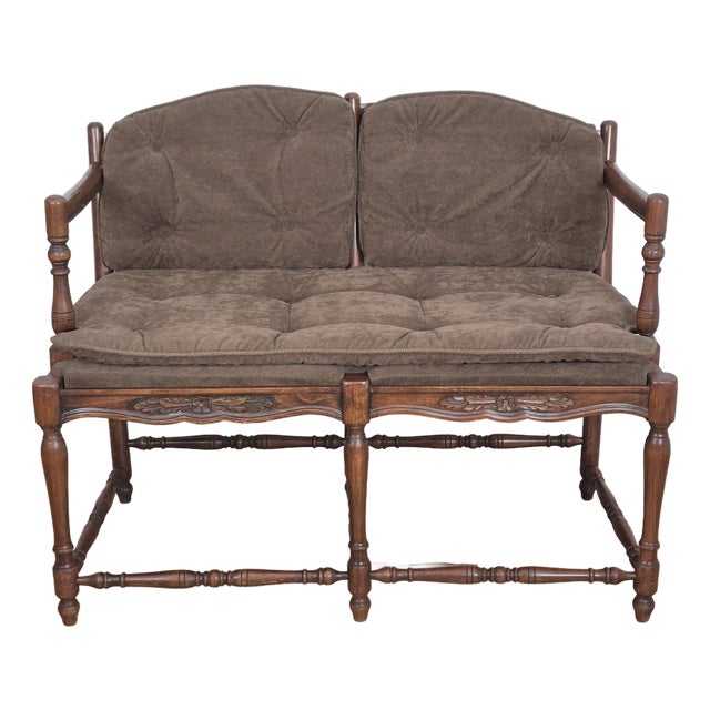 Mid 20th Century French Country Petite Walnut Ladder Back Settee Bench W/ Brown Faux Suede Cushions For Sale