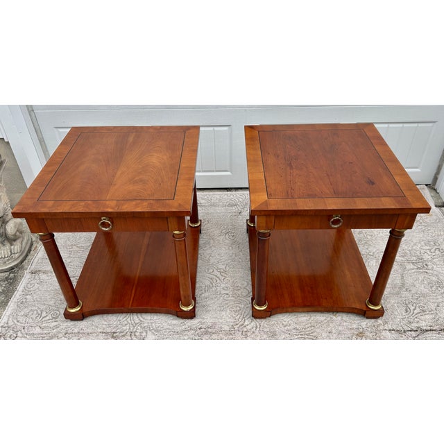 Vtg. Baker Pair of Regency Style Cherry Side Tables W/Inlay & Brass Trim For Sale - Image 11 of 16