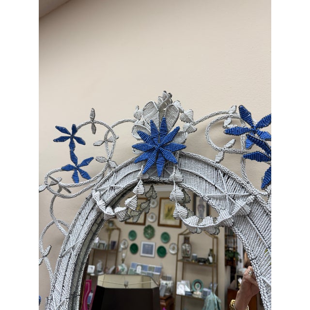 Glass Hand Beaded Oval Mirror With Wired Floral Embellishments For Sale - Image 7 of 9