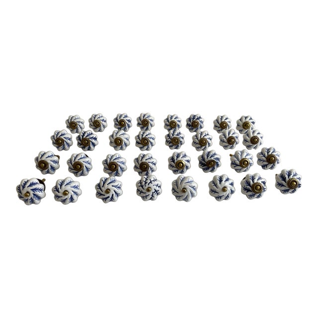 Late 20th Century Vintage Hand Painted Blue and White Ceramic Pulls, Set of 24 For Sale