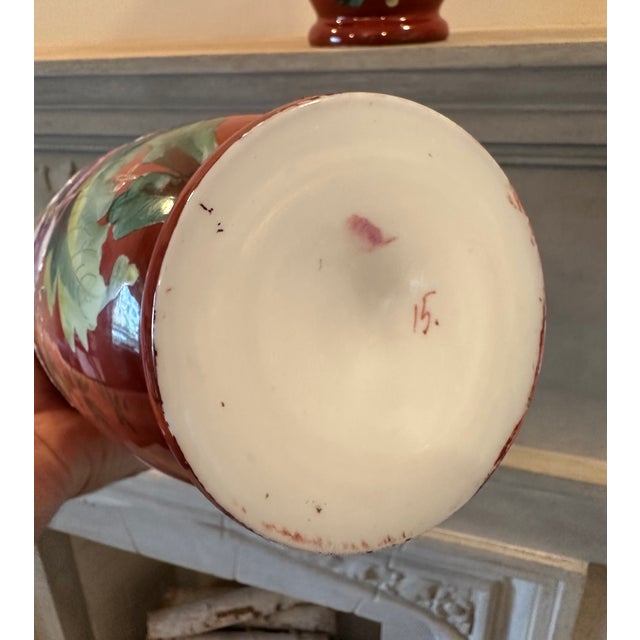 Pair of Large Bristol Milk Glass Victorian Floral Hand Painted Vases For Sale - Image 13 of 14