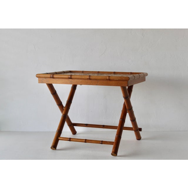 French Vintage French Style Handcrafted Rectangle Bamboo Serving Folding Table Center Table X-Base Mid-Century For Sale - Image 3 of 14