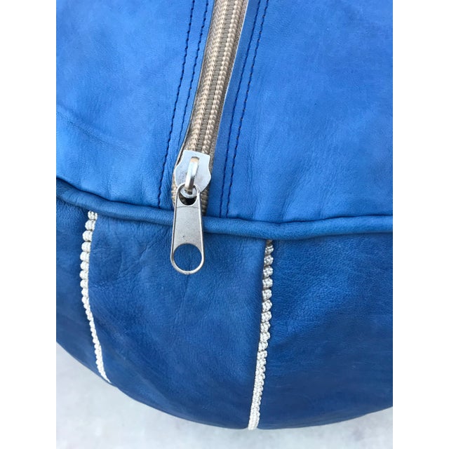Metal Blue Moroccan Leather Pouf Cover For Sale - Image 7 of 9