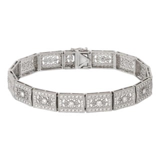 14k Gold 3 carat Diamond Rectangle Link 9mm Wide Filigree Bracelet For Sale