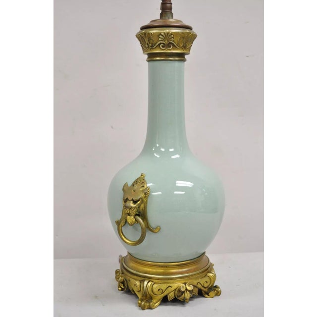 Renaissance Antique French Celadon Green Bulbous Porcelain Table Lamp With Bronze Lion Ormolu For Sale - Image 3 of 12