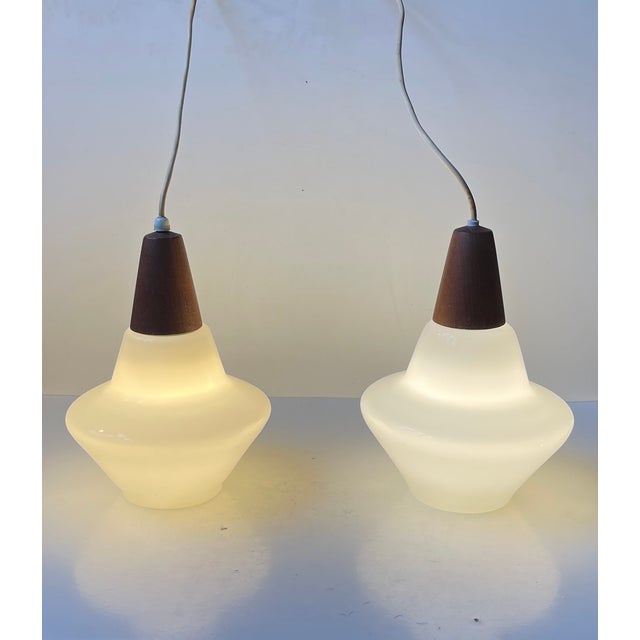 Mid-Century Modern Danish Modern White Opaline Glass and Teak Pendant Lamps by Holmegaard, 1960s, Set of 2 For Sale - Image 3 of 11