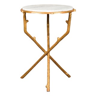 French Vintage Gilt Metal Side Table with Faux Bois Style Legs and Marble Top For Sale