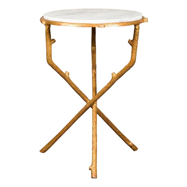 French Vintage Gilt Metal Side Table with Faux Bois Style Legs and Marble Top For Sale