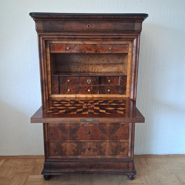Antique Mahogany Secretary with Inlays, France For Sale - Image 4 of 16