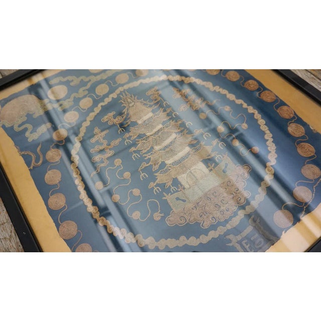 Chinese 1800s Blue Scenic Architectural Antique Chinese Silk Embroidery 1'9"x 1'10" Flatweave Carpet Rug For Sale - Image 3 of 12