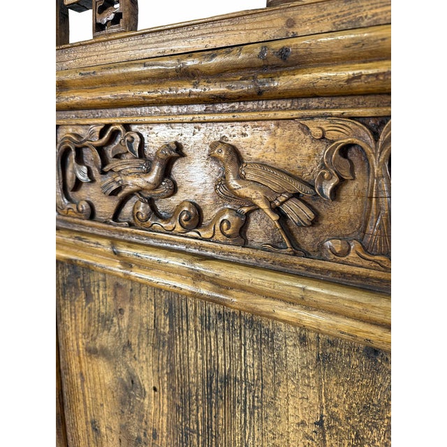 Large Antique Asian Carved Elm Four Panel Folding Screen Room Divider For Sale - Image 9 of 18