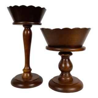Vintage Wooden Pedestal Scalloped Bowls For Sale