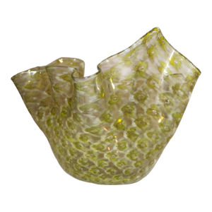 Vintage Hand Blown Murano Glass Handkerchief Controlled Bubble Green Vase Bowl
