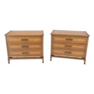 Pair Three Drawers Light Walnut Banded Drawers Drop Pulls Bachelor Chests MINT! For Sale