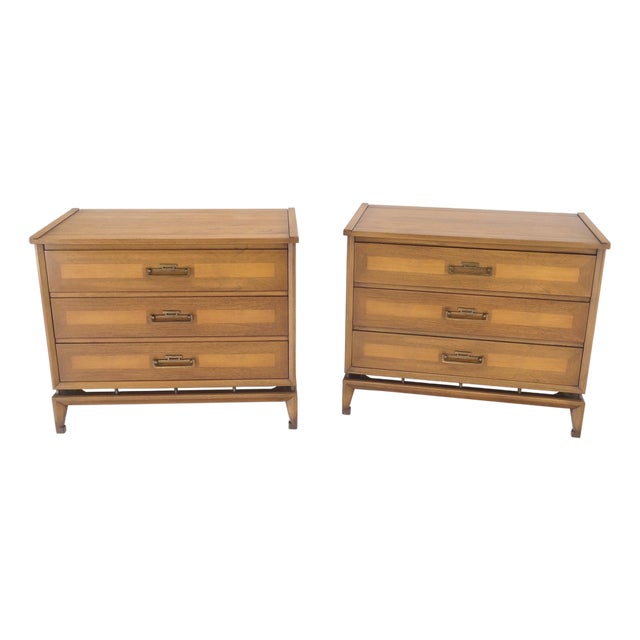 Pair Three Drawers Light Walnut Banded Drawers Drop Pulls Bachelor Chests MINT! For Sale
