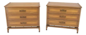 Pair Three Drawers Light Walnut Banded Drawers Drop Pulls Bachelor Chests MINT!