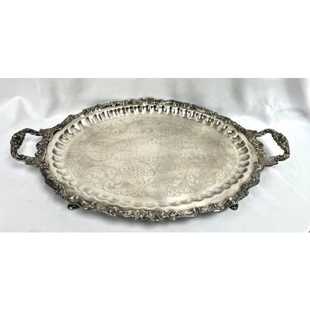 Large very ornate silver butler's tray. Sheridan Silver. Double handles, heavily embossed border, scalloped edge, etched...