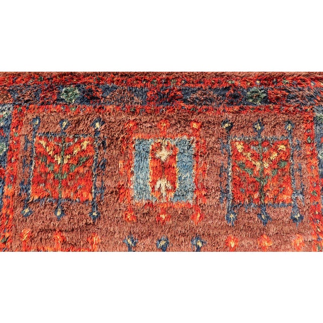Vintage Turkish Tulu Rug With Bold Red Field and Blue Geometric Motifs For Sale - Image 4 of 12