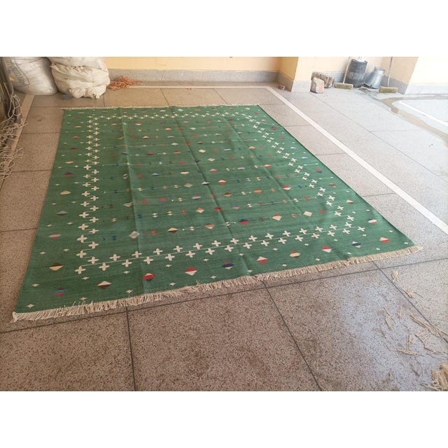 Handmade Cotton Area Rug, Vegetable Dyed, Forest Green Shooting Star Dhurrie -9'x12' For Sale - Image 9 of 14