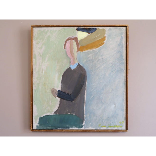 WAITING BY THE WINDOW Size: 17.5 x 15.9 inches (including frame) Oil on canvas An intriguing and enigmatic semi-abstract...