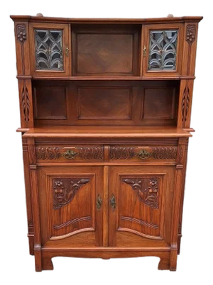 Antique German Art Nouveau Buffet in Walnut with Leaded Glass, 1890s