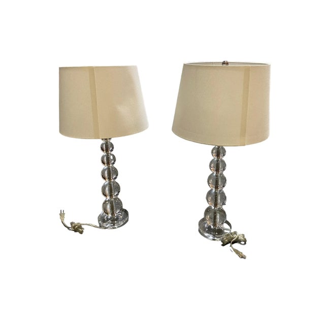 Clear Crystal, Graduated Balls, Lucite Base Table Lamps With Linen Shades - a Pair For Sale - Image 4 of 9
