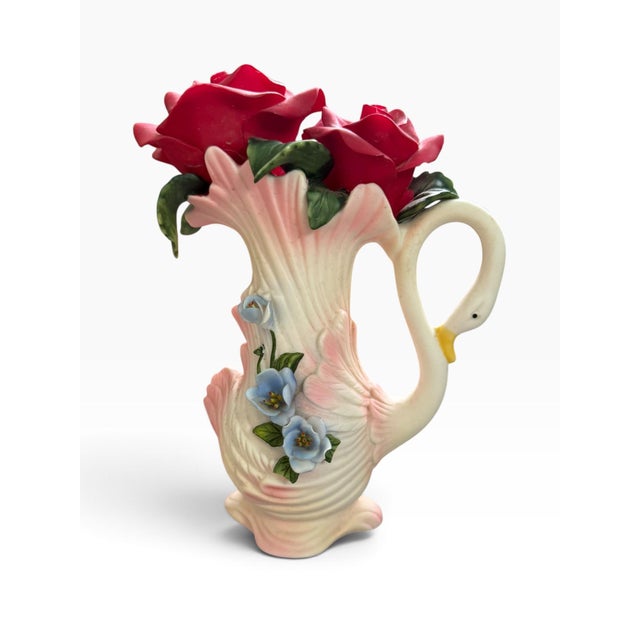 Shabby Chic Vintage Classic Treasures Swan Vase With Porcelain Red Roses, 8” For Sale - Image 3 of 6