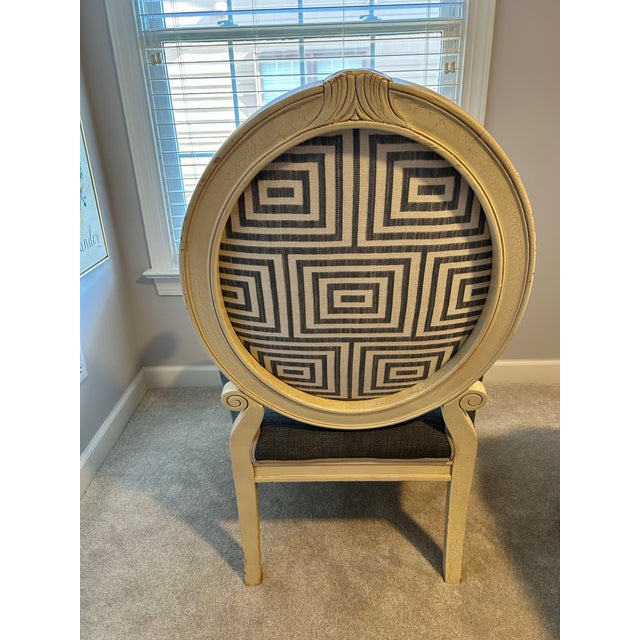 Oversized French Louis XVI Style Distressed Off-White & Slate Blue Upholstered Armchair For Sale - Image 10 of 12
