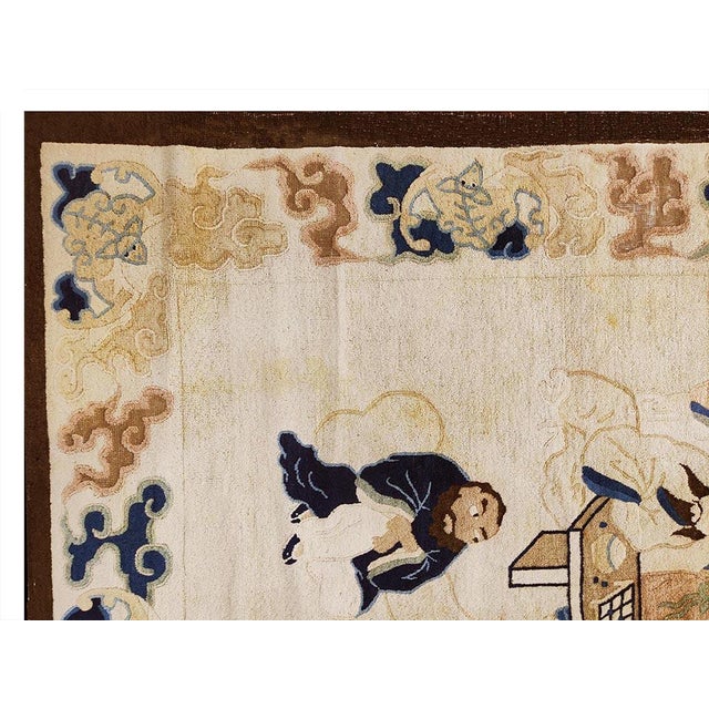 Figurative Beige Bakcground Color Antique Chinese Peking Rug With Eight Immortals Playing Weiqi "Go" For Sale - Image 3 of 8