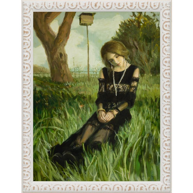 Early 21st Century Listening by Nadezda | Oil on Panel Woman sitting in grass with a birdhouse in the background. For Sale - Image 5 of 5