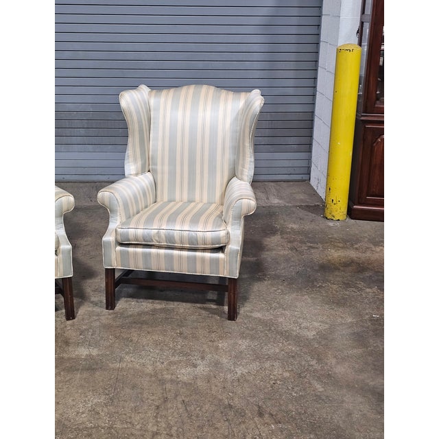 Wood Mid 20th Century Pair Mahogany Chippendale Style Armchairs Wing Chairs Blue Silk Striped Fabric For Sale - Image 7 of 11