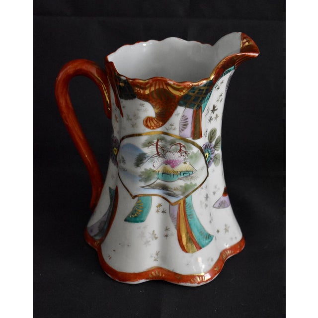 1910s Antique Porcelain Pitcher Japanese Kutani Geisha Ware Hand Painted Gold Red Jug For Sale - Image 5 of 12