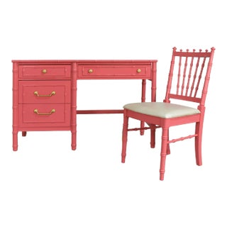 Mid Century Hollywood Regency Faux Bamboo Desk by Thomasville in Pink- Newly Refinished For Sale