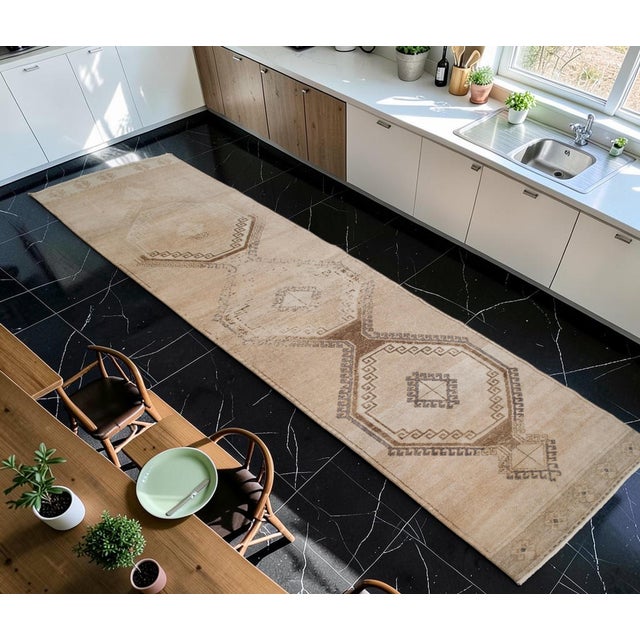 Mid-Century Modern Hand-Knotted Turkish Runner Rug, Earthy Tones Hallway Rug, Kitchen Decor - 3' X 12'4" For Sale - Image 3 of 13