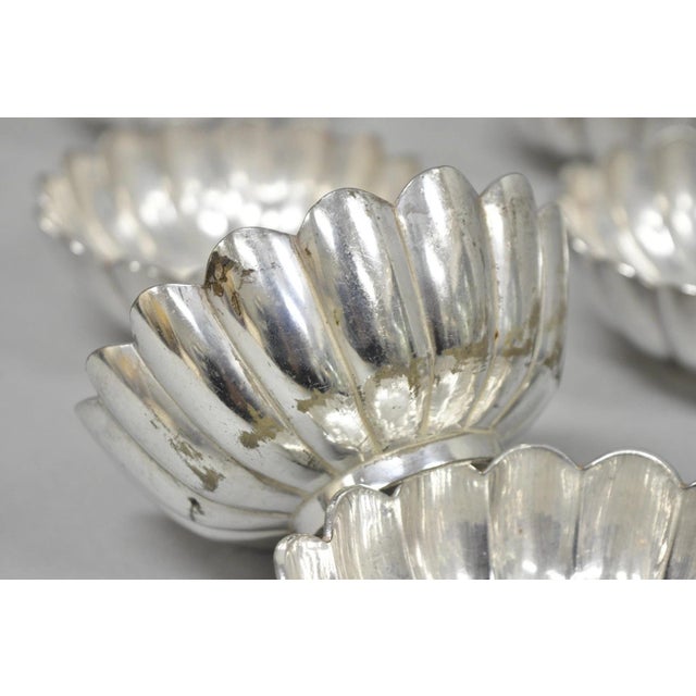 Metal Vintage Regency Style Silver Plated Scalloped Stacking Nut Dish Bowl - Set of 8 For Sale - Image 7 of 14