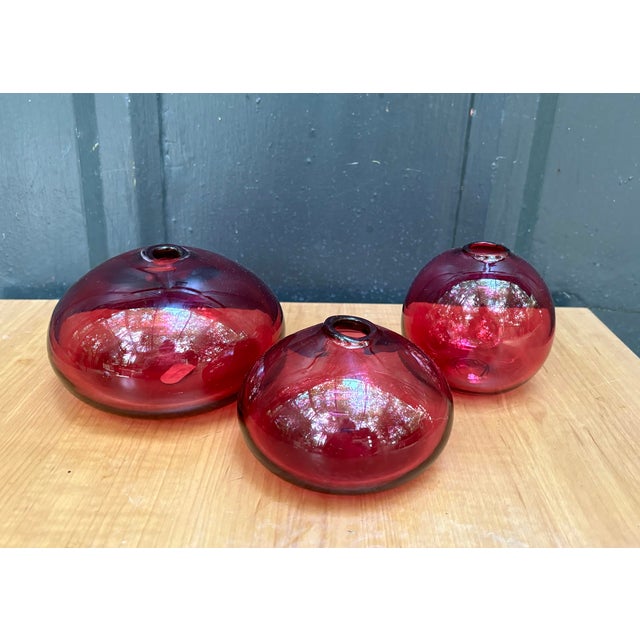Pilgrim Cranberry Glass Pink Bubble Vases Set of 3 For Sale - Image 4 of 6
