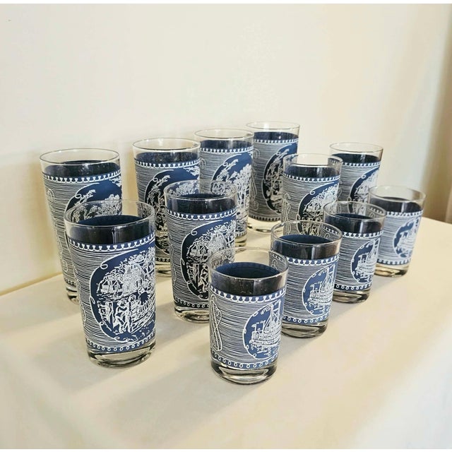 Mid-Century Modern 1950s Mid Century Modern Royal China “Currier & Ives” Blue & White Tumbler Set - 12 Pieces For Sale - Image 3 of 9