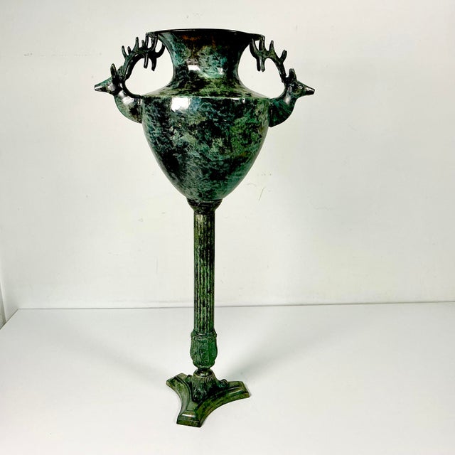 1970s Vintage Neoclassical English Stag Head Faux Verdigris Green Tole Pedestal Urn Vase. For Sale - Image 9 of 15