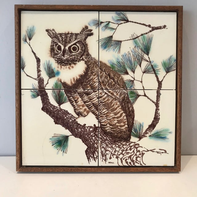 White Mid-Century Hand Decorated Framed Owls Tile Panel For Sale - Image 8 of 8