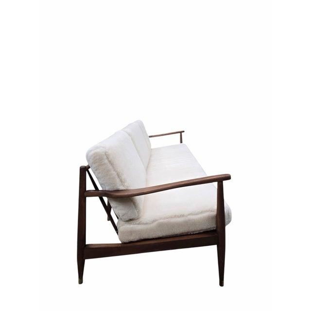 Ib Kofod-Larsen Danish Modern Sofa Newly Reupholstered in Ivory Sheep’s Wool Shearling by Ib Kofod-Larsen For Sale - Image 4 of 12