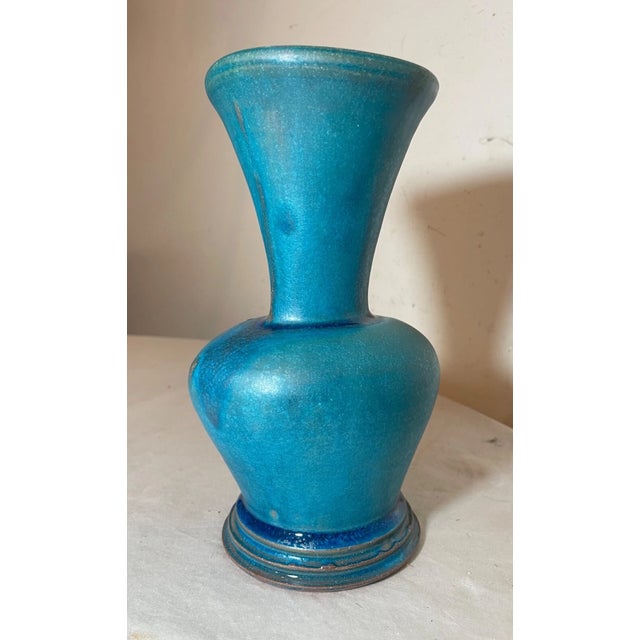 Rare Vintage Handmade Neil Patterson Bright Baby Blue Glaze Pinched Pottery Vase For Sale - Image 4 of 16
