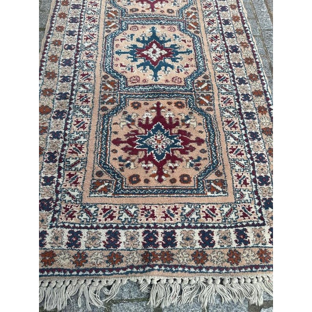 Pretty mid century Moroccan rug with beautiful geometrical and tribal design and nice colours with pink, purple, blue,...