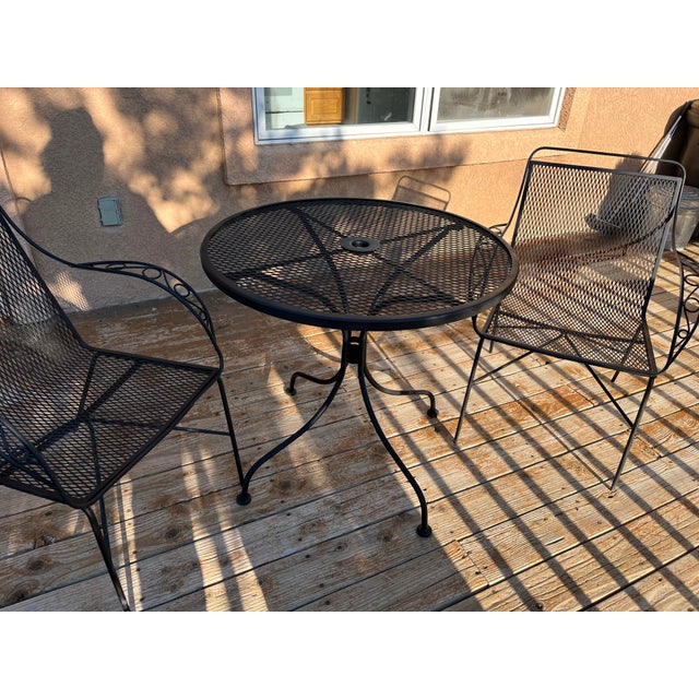 Russell Woodard Woodard Style Mid-Century Modern Black Wrought Iron Mesh Bistro Set - 3 Pieces For Sale - Image 4 of 8