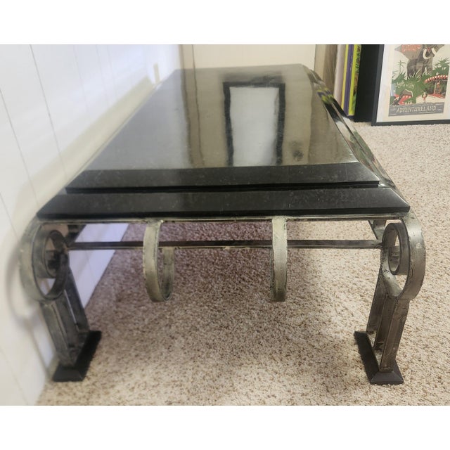 Black Late 20th Century French Art Deco Style Iron and Marble Coffee Table For Sale - Image 8 of 14