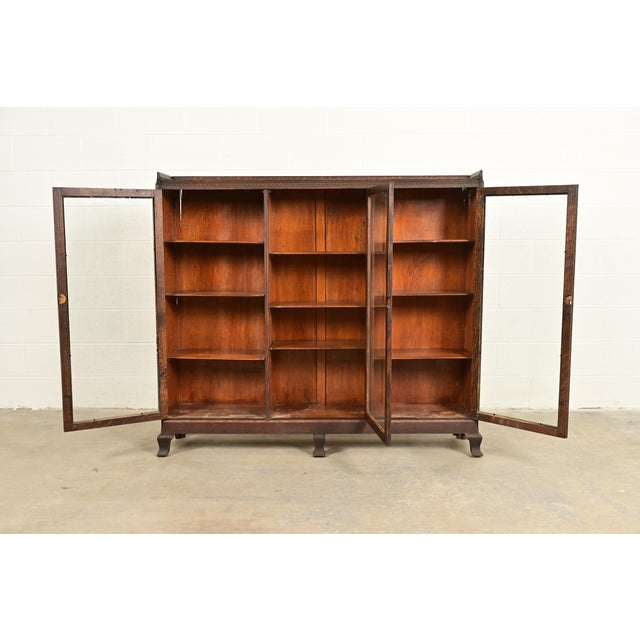Late 19th Century R. J. Horner Style Victorian Carved Oak Glass Front Triple Bookcase, Circa 1890s For Sale - Image 5 of 12