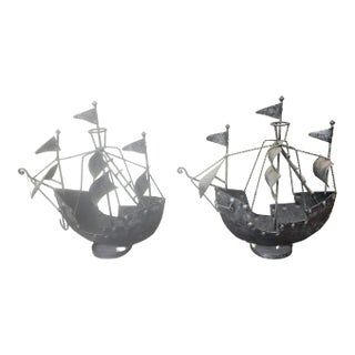 Hand Forged Iron Decorative Sailing Ships - a Pair For Sale