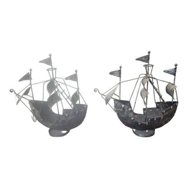 Hand Forged Iron Decorative Sailing Ships - a Pair For Sale
