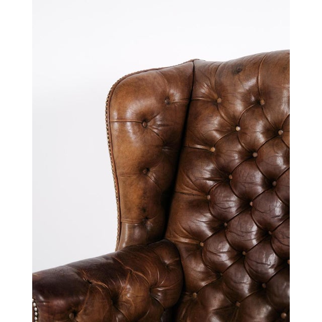 Brown Set of George III Style Wingback Armchair and Ottoman in Brown Leather, 1890s For Sale - Image 8 of 15